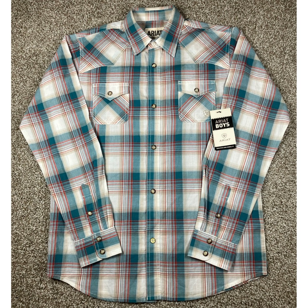 Ariat Boys Quillbrook Retro LS Plaid Western Snap Shirt Adrift Beige Youth Large